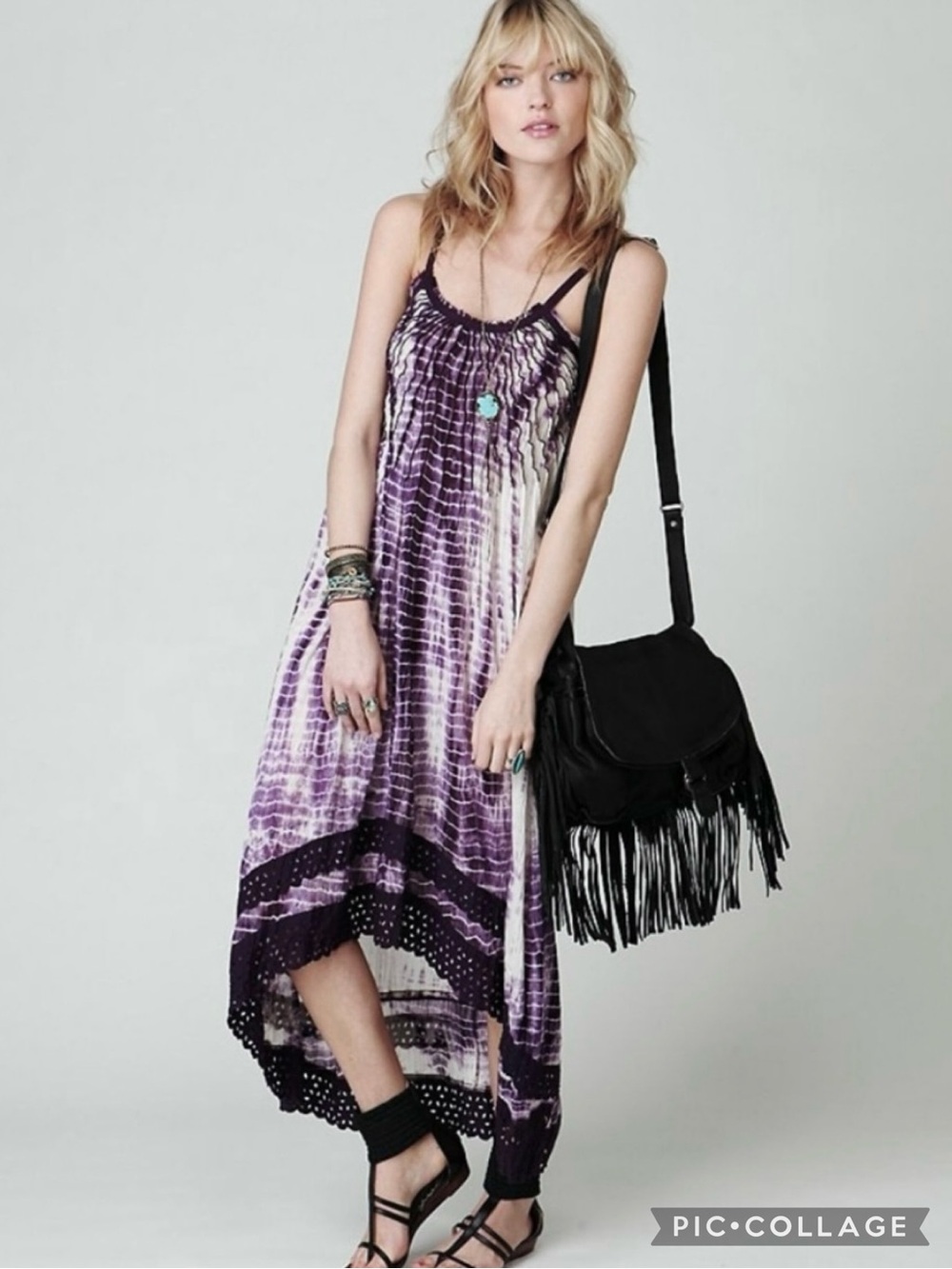 Free People FP One Sunburst Purple Tie Dye Gauze Hi Low Maxi Dress XS Boho Beach
